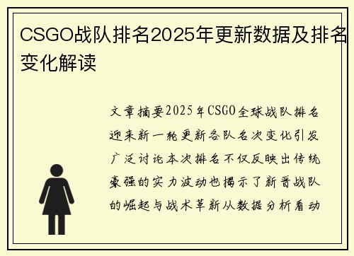 CSGO战队排名2025年更新数据及排名变化解读